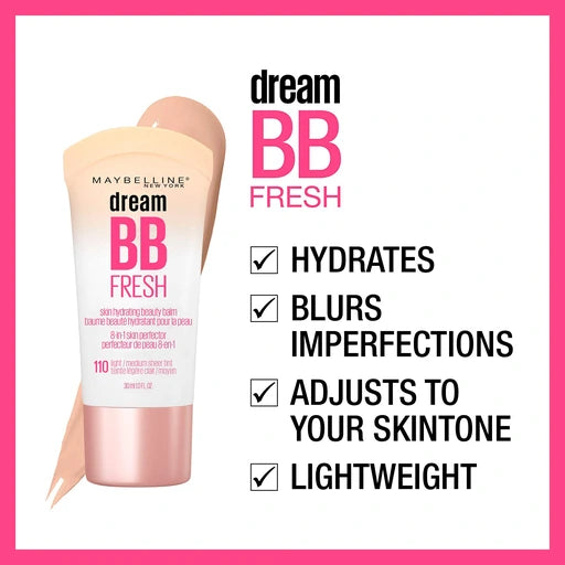 Maybelline Dream Fresh Skin Hydrating BB Cream, 8-in-1 Skin Perfecting Beauty Balm, SPF 30, Oil-Free, 120 Medium, 1 Fl Oz