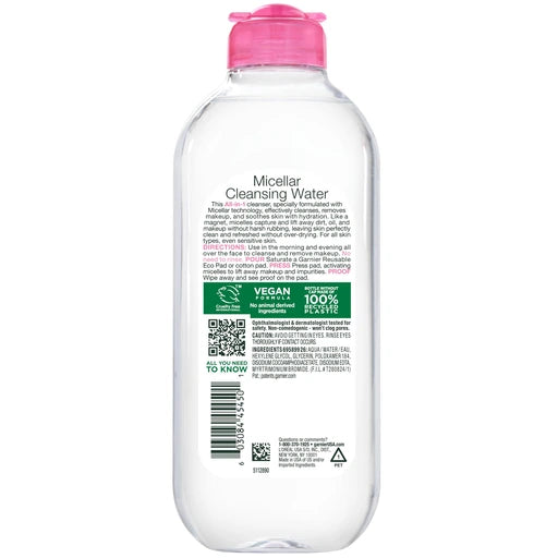 Garnier Micellar Water, Hydrating Facial Cleanser & Makeup Remover, Suitable for Sensitive Skin, Vegan, Cruelty Free, 13.5 Fl Oz (400mL), 1 Count