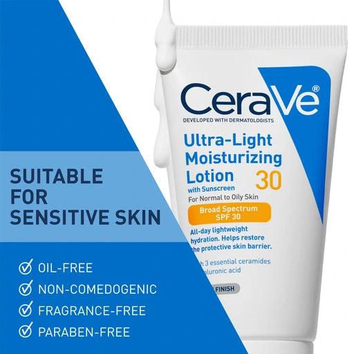 CeraVe Ultra-Light Moisturizing Lotion SPF 30, Sunscreen for Face, 1.7oz Skin Care, Face Moisturizer, Hyaluronic Acid, Sunscreen Lotion, Facial Moisturizer, Oil Free, Matte Finish, Ceramides