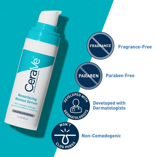 CeraVe Resurfacing Retinol Face Serum with Niacinamide, Pore Minimizer, 1oz Skin Care Brightening Serum with Licorice Root, Acne Scar & Hyperpigmentation Treatment, Dark Spot Corrector, Skin Repair