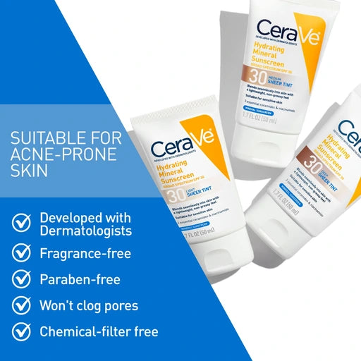 CeraVe Tinted Sunscreen for Face, Mineral SPF 30 Moisturizer, Medium, 1.7oz
