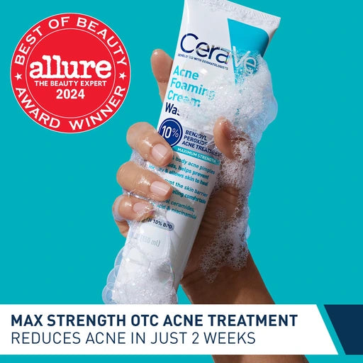 CeraVe Acne Foaming Cream Wash with 10% Benzoyl Peroxide Facial Cleanser, 5oz - Nan