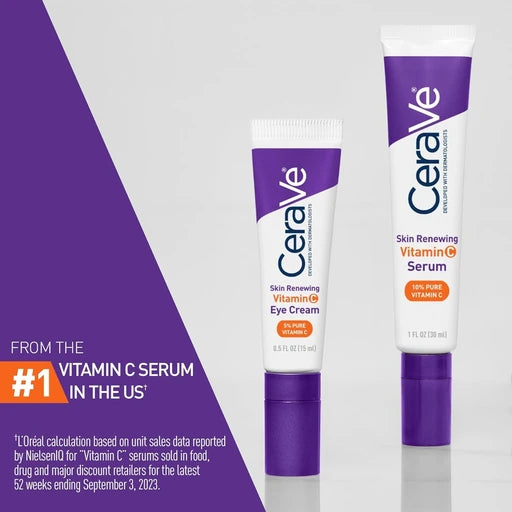 CeraVe Vitamin C Serum & Vitamin C Eye Cream Skin Care Set Skin Brightening Serum with Hyaluronic Acid for Face & Under Eye Cream with Caffeine for Dark Circles and Puffiness