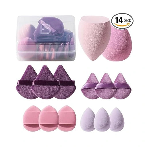 Makeup Sponge Set BS-MALL Triangle Puff 14PCS Non-Latex Beauty Blender Sponges with Travel Case, Soft Makeup Puff for Foundation, Concealer, Cream & Powder, Face & Eye Blending for Sensitive Skin