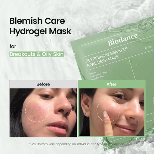BIODANCE Refreshing Sea Kelp Real Deep Hydrogel Face Mask - Calming, Oil & Sebum Control, Blemish Care, After Sun Relief (1.19oz x 4) - Nan