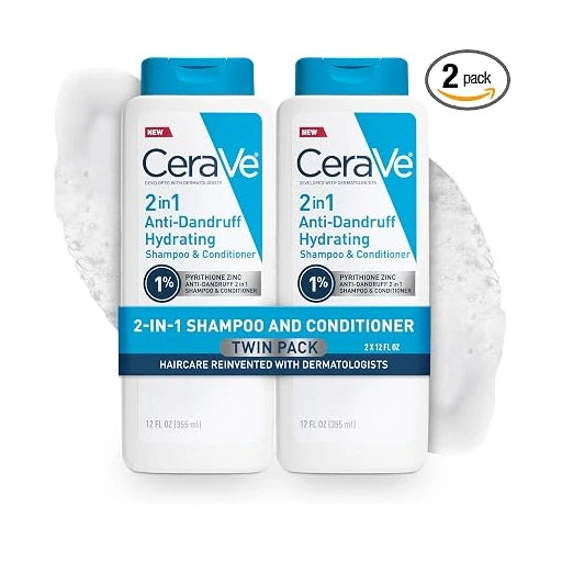 CeraVe 2 In 1 Hydrating Anti Dandruff Shampoo And Conditioner Twin Pack, 1% Pyrithione Zinc Dandruff Treatment Helps Eliminate Dandruff, Color Safe & Sulfate Free, 12 Fl Oz Each (Set of 2)