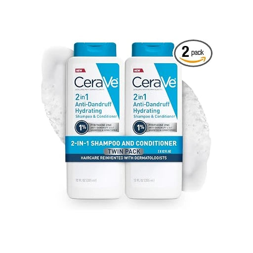 CeraVe 2 In 1 Hydrating Anti Dandruff Shampoo And Conditioner Twin Pack, 1% Pyrithione Zinc Dandruff Treatment Helps Eliminate Dandruff, Color Safe & Sulfate Free, 12 Fl Oz Each (Set of 2)
