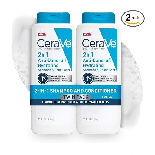 CeraVe 2 In 1 Hydrating Anti Dandruff Shampoo And Conditioner Twin Pack, 1% Pyrithione Zinc Dandruff Treatment Helps Eliminate Dandruff, Color Safe & Sulfate Free, 12 Fl Oz Each (Set of 2)