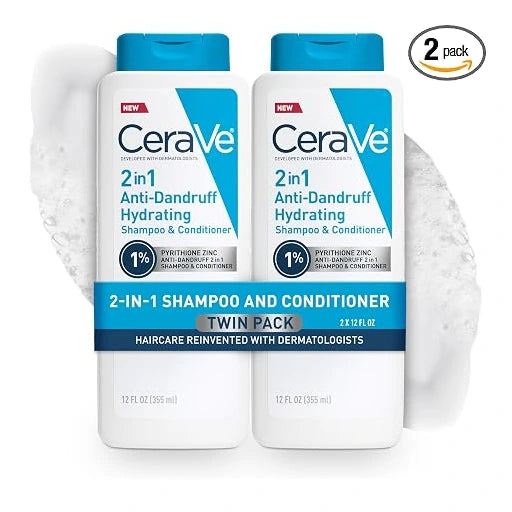 CeraVe 2 In 1 Hydrating Anti Dandruff Shampoo And Conditioner Twin Pack, 1% Pyrithione Zinc Dandruff Treatment Helps Eliminate Dandruff, Color Safe & Sulfate Free, 12 Fl Oz Each (Set of 2)