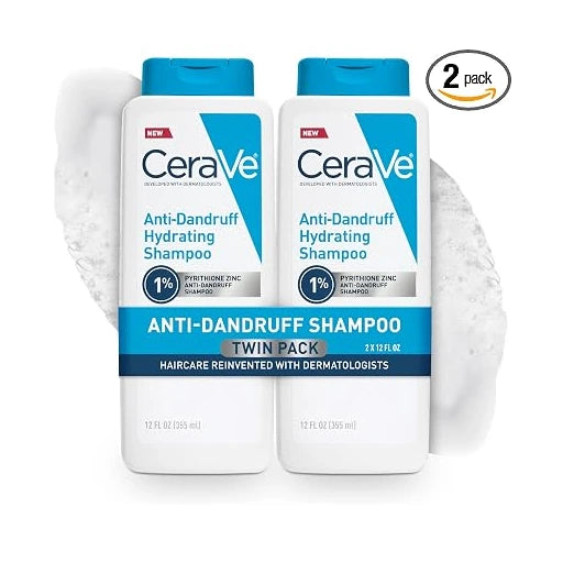 CeraVe Hydrating Anti Dandruff Shampoo, 1% Pyrithione Zinc Dandruff Treatment With Ceramides, Niacinamide, Hyaluronic Acid, Eliminate Flake,Provides Itchy Scalp Relief, Sulfate-Free, 12 Oz (Pack of 2)