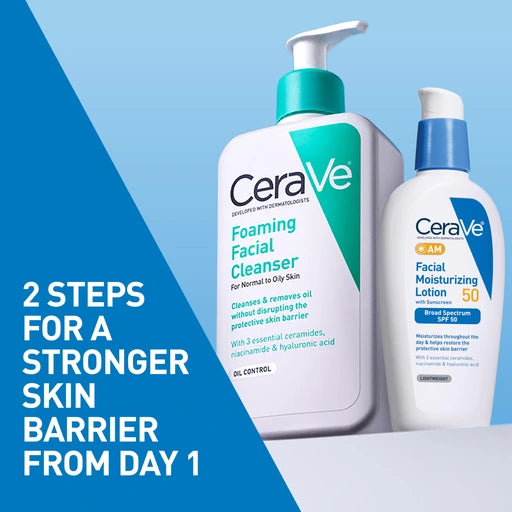CeraVe Foaming Facial Cleanser, Daily Face Wash, 19oz AM Facial Moisturizing Lotion SPF 50, Face Moisturizer with SPF, 3 Oz Bundle with Hyaluronic Acid, Niacinamide & Ceramides