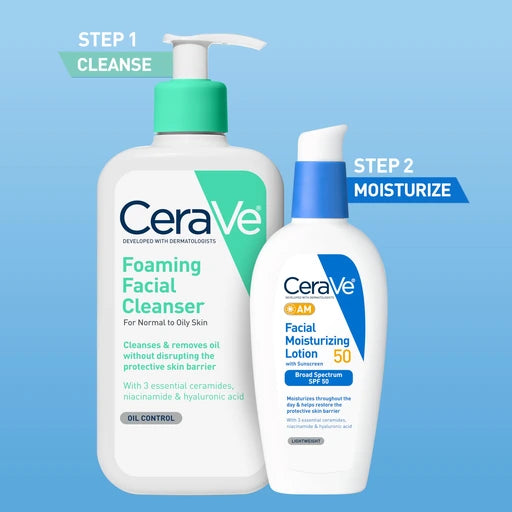 CeraVe Foaming Facial Cleanser, Daily Face Wash, 19oz AM Facial Moisturizing Lotion SPF 50, Face Moisturizer with SPF, 3 Oz Bundle with Hyaluronic Acid, Niacinamide & Ceramides