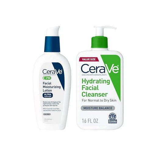 CeraVe PM Facial Moisturizing Lotion, 3oz+ Hydrating Facial Cleanser, 16oz
