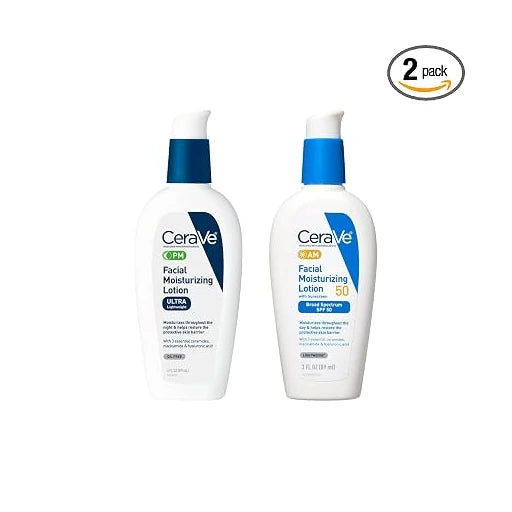 CeraVe PM Facial Moisturizing Lotion, 3 Ounce + AM Facial Moisturizing Lotion SPF 50, 3 Oz