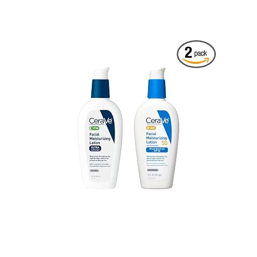 CeraVe PM Facial Moisturizing Lotion, 3 Ounce + AM Facial Moisturizing Lotion SPF 50, 3 Oz