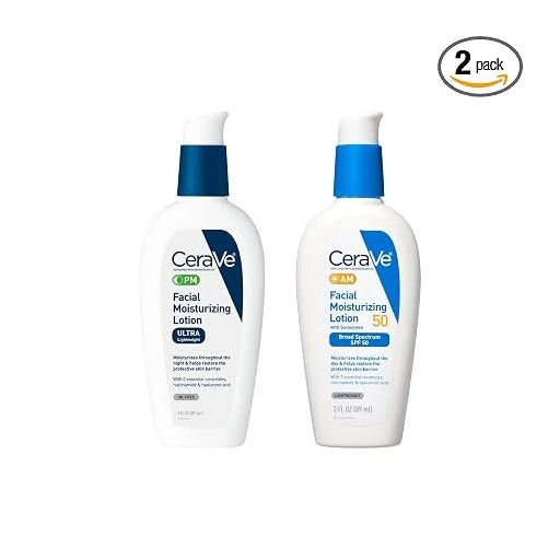 CeraVe PM Facial Moisturizing Lotion, 3 Ounce + AM Facial Moisturizing Lotion SPF 50, 3 Oz