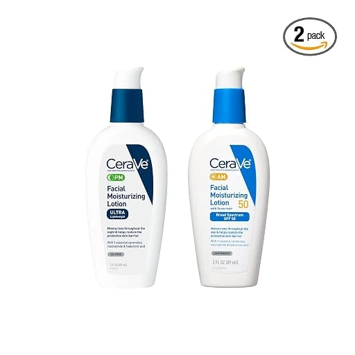 CeraVe PM Facial Moisturizing Lotion, 3 Ounce + AM Facial Moisturizing Lotion SPF 50, 3 Oz