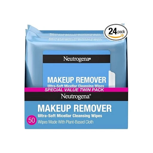 Neutrogena Makeup Remover Micellar Wipes for Face Daily Gently Removes Oil Dirt and Waterproof Makeup in a Simple Fully Plant-Based Cloth, 25 Count (Pack of 24)