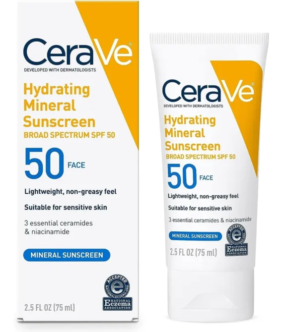 CeraVe 100% Mineral Sunscreen SPF 50 | Face Sunscreen with Zinc Oxide & Titanium Dioxide for Sensitive Skin | 2.5 oz 1 Pack (Packaging May Vary)