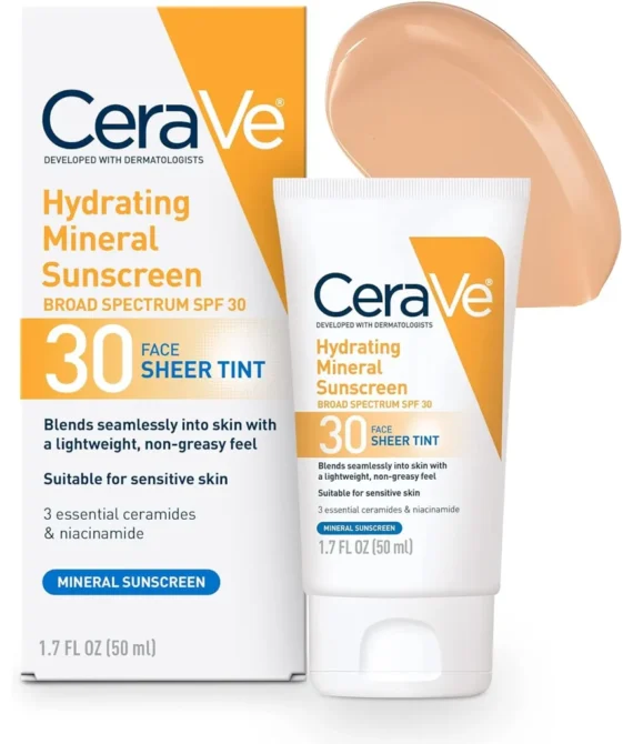 CeraVe Tinted Sunscreen with SPF 30 | Hydrating Mineral Sunscreen With Zinc Oxide & Titanium Dioxide | Sheer Tint for Healthy Glow | 1.7 Fluid Ounce