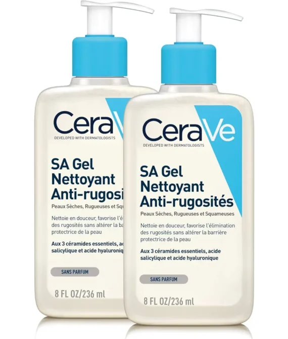 CeraVe SA Smoothing Cleansing for Face and Body for Dry Rough and Uneven Skin with Hyaluron Salicylic Acid and 3 Essential Ceramides 2 x 236 ml