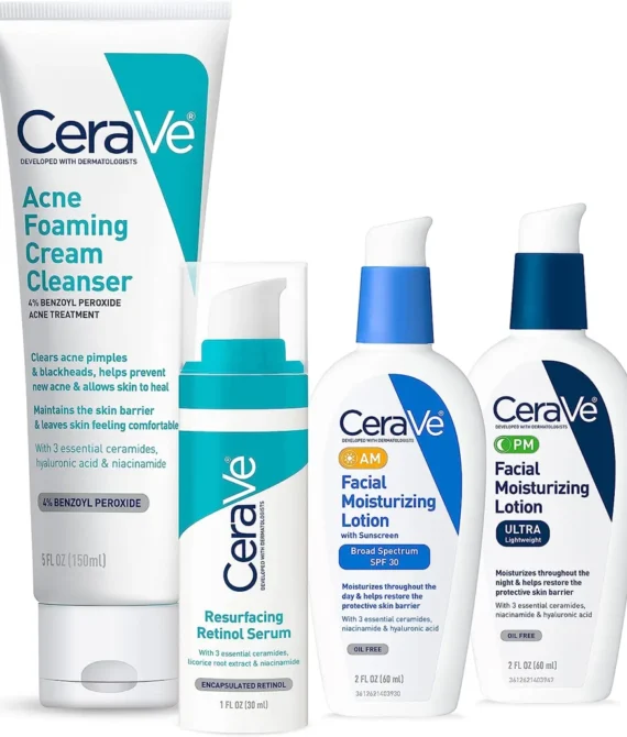 CeraVe Skin Care Set for Acne Treatment with Face Wash with Benzoyl Peroxide Retinol Serum AM Face Moisturizer with SPF & PM Face Moisturizer5oz Cleanser + 1oz Serum + 2oz AM Lotion + 2oz PM Lotion