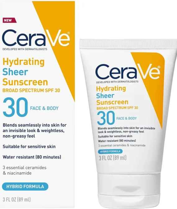 CeraVe Hydrating Sheer Sunscreen SPF 30 for Face and Body | Mineral Sunscreen & Chemical Sunscreen with Zinc Oxide Hyaluronic Acid Niacinamides and Ceramides| Paraben Free Fragrance Free | 3 Ounces