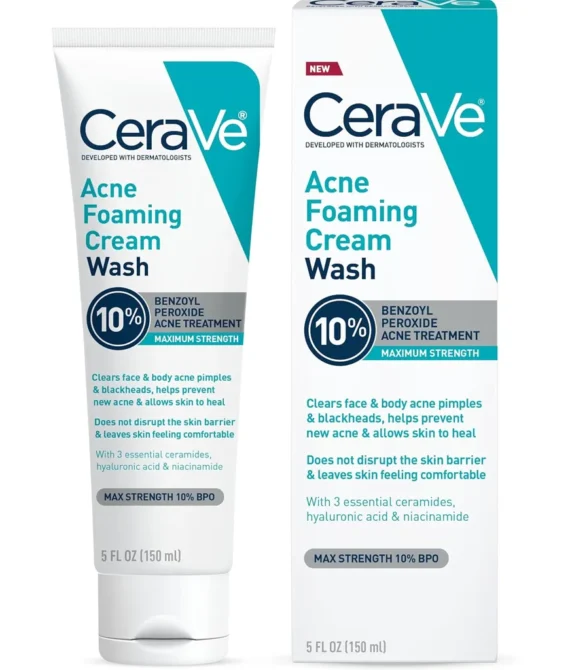 CeraVe Acne Foaming Cream Wash | Gentle Face and Body Acne Cleanser with Benzoyl Peroxide 10% Hyaluronic Acid and Niacinamide | Acne Treatment Clears Pimples Blackheads Chest and Back Acne | 5 Oz