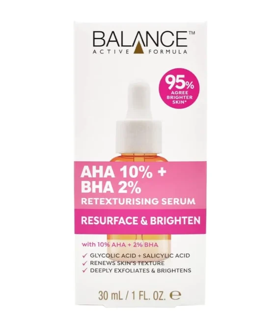 Balance Active Formula Resurface & Brighten AHA 10% + BHA 2% Retexturising Serum With Glycolic Acid & Salicylic Acid. Renews Skins Texture. Deeply Exfoliates & Brightens Clear 30 ml (Pack of 1)