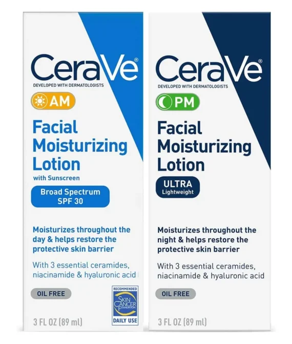 CeraVe Facial Moisturizing Lotion 3 Fl Oz (Pack of 2) AM/PM Bundle (Packaging may vary)