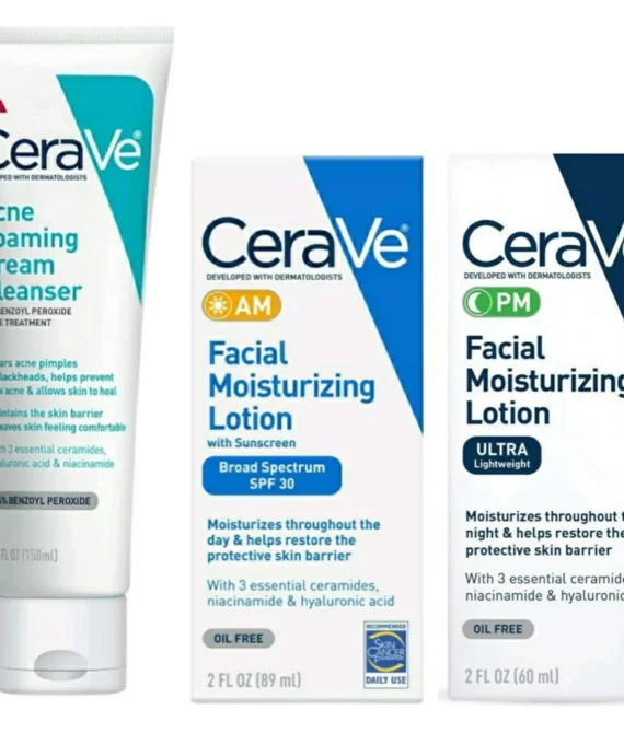 CeraVe Daily Skincare Acne Treatment Bundle Acne Foaming Cream Cleanser (5 fl oz) AM Facial Moisturizing Lotion with Sunscreen (2 oz) and PM Facial Moisturizing Lotion (2 oz)