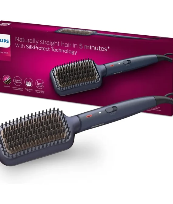 PHILIPS Heated Straightening Brush BHH885/10 (New) ThermoProtect Technology Ionic care Argan Oil Infusion & Extra Large Brush 50 Watts Black