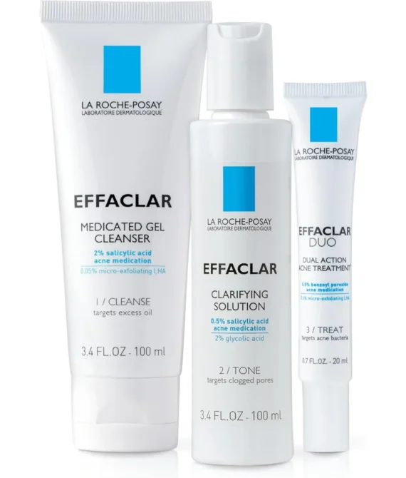 La RochePosay Effaclar Dermatological 3 Step Acne Treatment System Salicylic Acid Acne Cleanser Pore Refining Toner and Benzoyl Peroxide Acne Spot Treatment for Sensitive Skin 2Month Supply