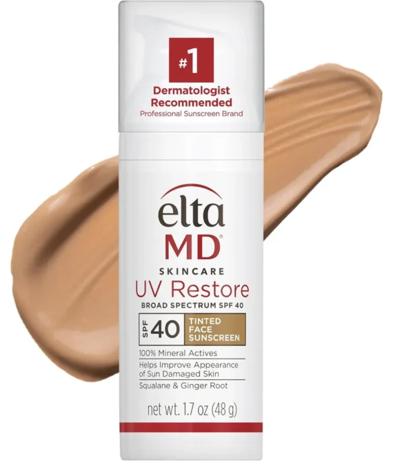 EltaMD UV Restore Tinted AntiAging Face Sunscreen BroadSpectrum SPF 40 Mineral Sunscreen Moisturizer to Improve Sun Damaged Skin Oil Free Fragrance Free Non Greasy2 fl. oz.