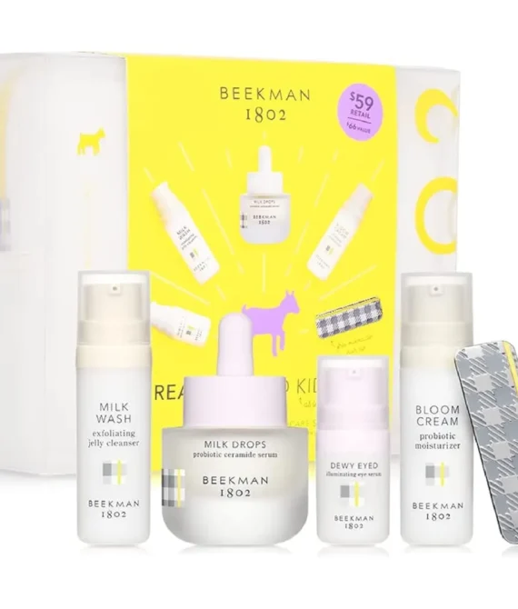 Beekman 1802 Goat Milk Probiotic Skincare 6Piece Starter Set Jelly Cleanser 0.5 fl oz Milk Drops 0.5 fl oz Dewy Eyed Serum 0.16 fl oz Bloom Cream 0.5 fl oz Travel Bag & Hair Clip