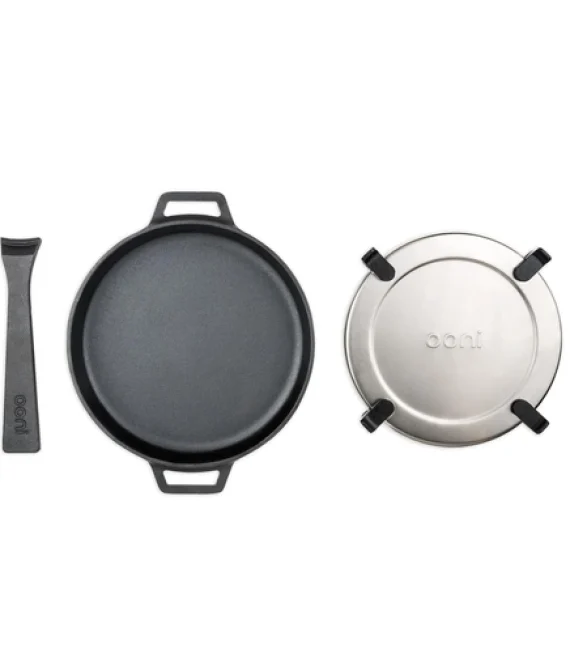 Ooni Cast Iron Skillet Pan – 9 Round Cast Iron Skillet with Removable Handle and Sainless Steel Trivet, Cast Iron Frying Pan, Pre-Seasoned Non-Stick Oven Safe Cookware, Pizza Oven and BBQ Accessories