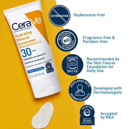 CeraVe Hydrating Mineral Sunscreen SPF 30 with Hyaluronic Acid, 2.5oz - Image 4