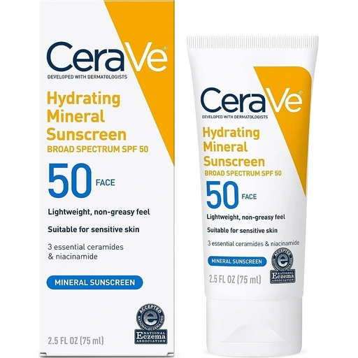 CeraVe Hydrating Mineral Sunscreen SPF 50 Face Sunscreen, Travel Size 2.5oz