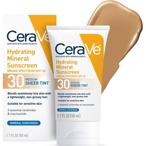CeraVe Tinted Sunscreen for Face, Mineral SPF 30 Moisturizer, Medium, 1.7oz