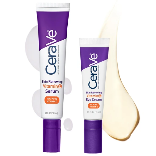 CeraVe Vitamin C Serum & Vitamin C Eye Cream Skin Care Set Skin Brightening Serum with Hyaluronic Acid for Face & Under Eye Cream with Caffeine for Dark Circles and Puffiness