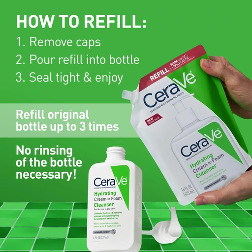 CeraVe Hydrating Cream-to-Foam Face Wash for Dry Skin, 16oz Refill Pouch - Nan - Image 4