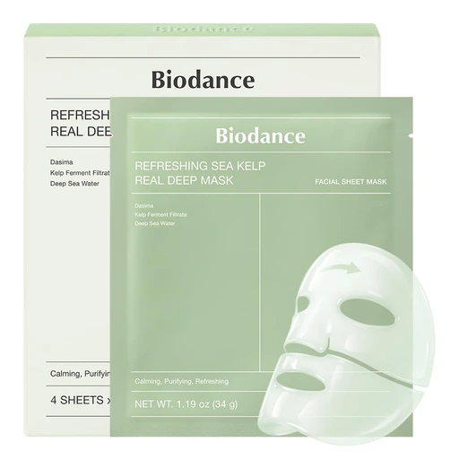 BIODANCE Refreshing Sea Kelp Real Deep Hydrogel Face Mask - Calming, Oil & Sebum Control, Blemish Care, After Sun Relief (1.19oz x 4) - Nan