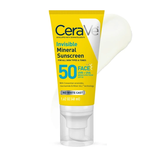 CeraVe Invisible Mineral Sunscreen SPF 50, Face Sunscreen, 1.62oz