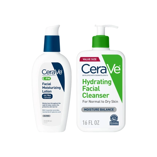 CeraVe PM Facial Moisturizing Lotion, 3oz+ Hydrating Facial Cleanser, 16oz