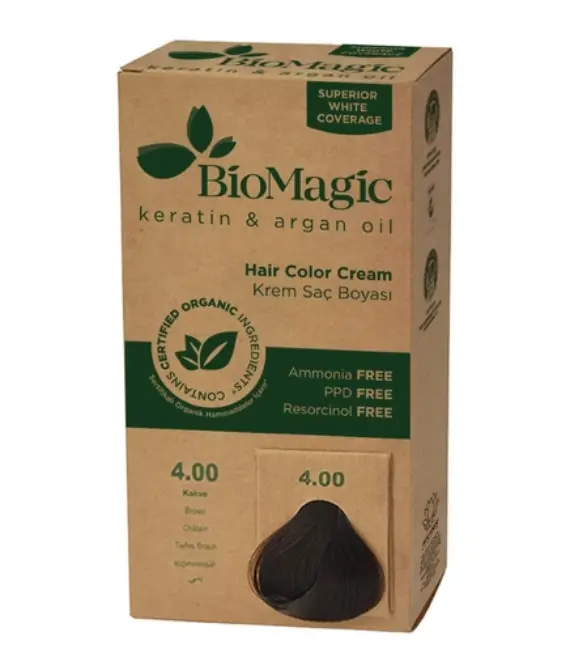 Biomagic Permanent Hair Color for a Natural Look, Keratin & Argan Oil Line, Ammonia FREE Dye, Contains Certified Organic Ingredients (4.00 Brown)
